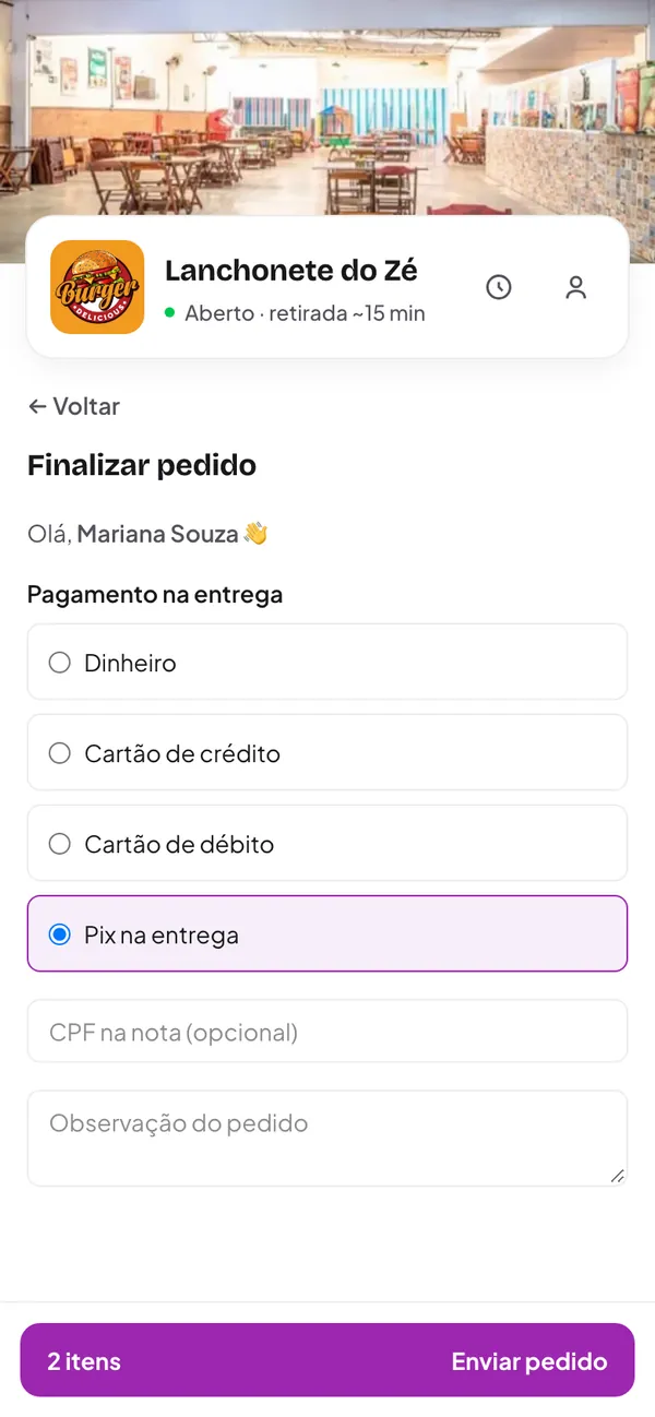 Checkout com escolha da forma de pagamento