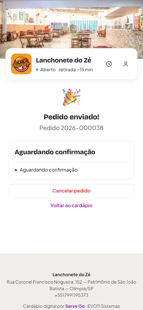 Tela de pedido enviado com acompanhamento de status