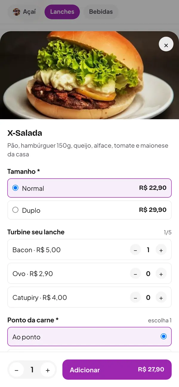 Cliente escolhendo tamanho, adicional de bacon e ponto da carne do X-Salada