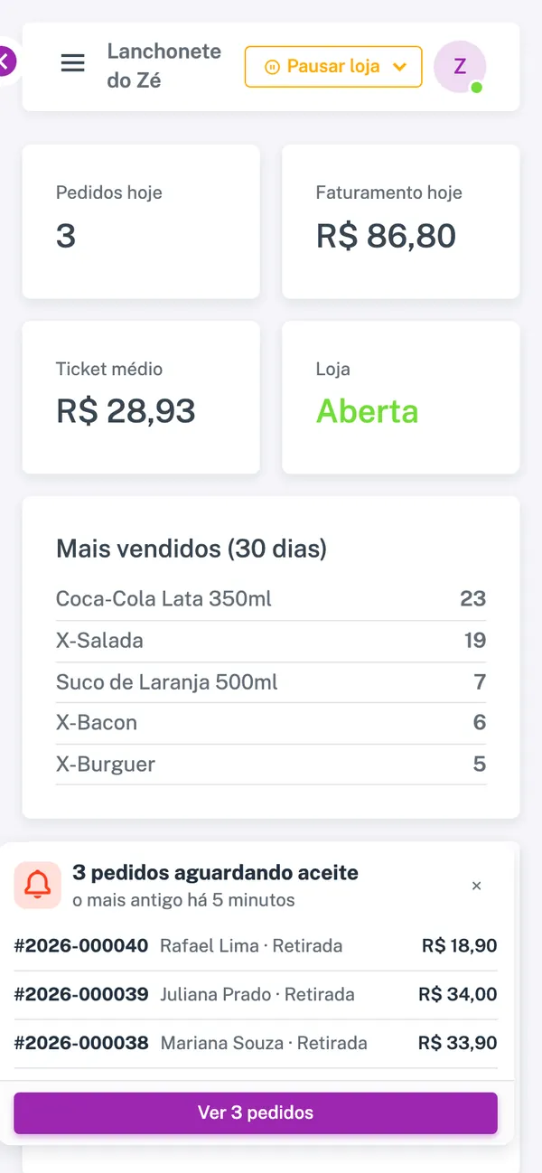 Dashboard do ServeGo no celular com pedidos e faturamento do dia