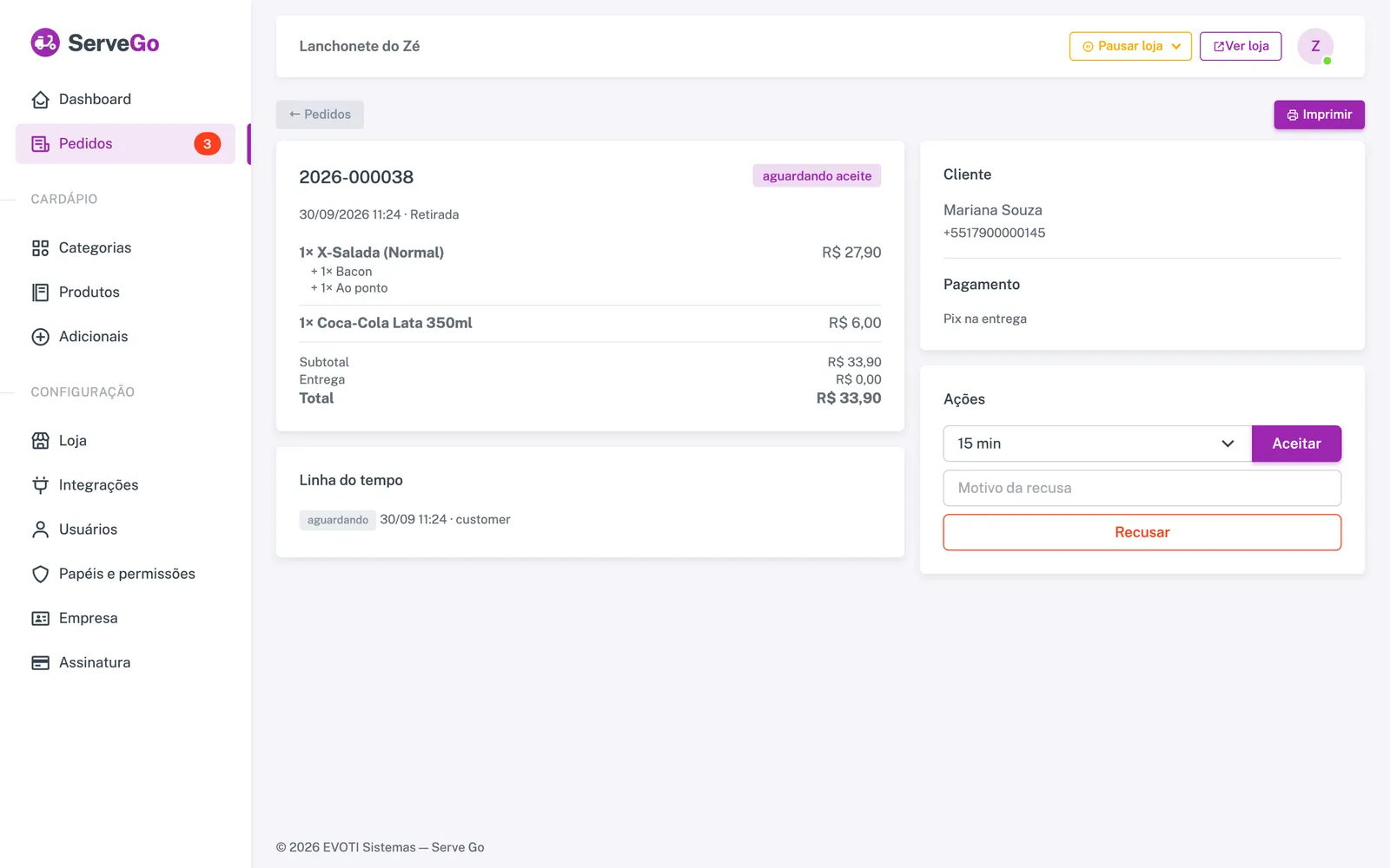 Detalhe do pedido no painel com itens, adicionais, pagamento e botões aceitar ou recusar