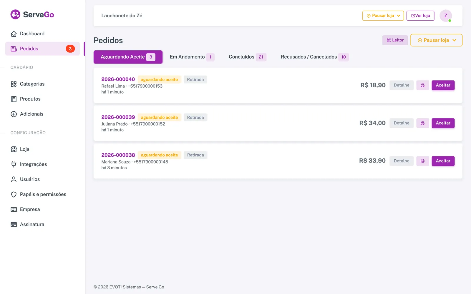 Painel do ServeGo com pedidos aguardando aceite e alerta de novos pedidos