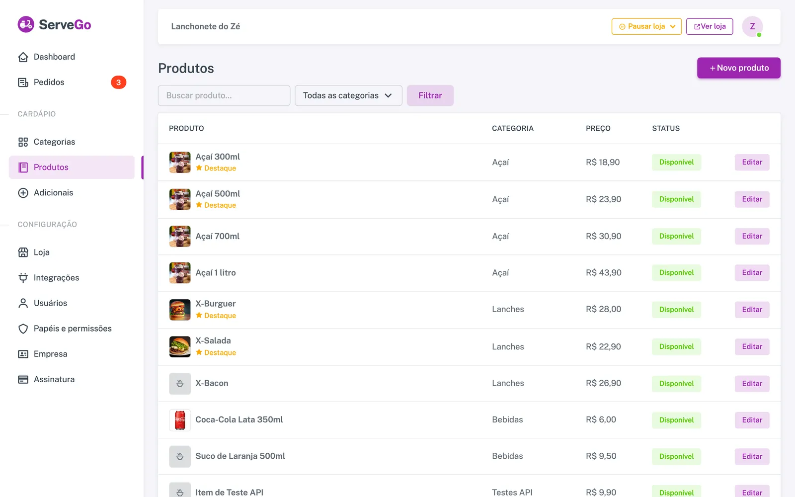 Lista de produtos do cardápio no painel do ServeGo, com fotos, preços e destaques